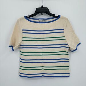 Vtg St. John‎ By Marie Gray Sweater 8 Cream Blue Stripe Pullover Santana Knit